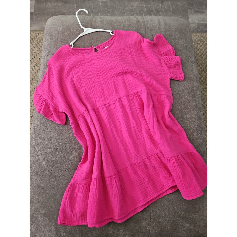 Tees2urdoor Hot Pink Double Gauze Cotton Tiered Babydoll Top - Large
